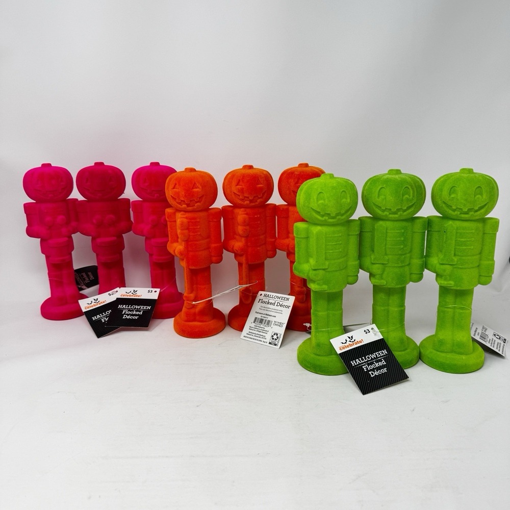Set 9‎ Flocked Pumpkin Nutcrackers 7.5" Halloween Decor Figurines Green Pink